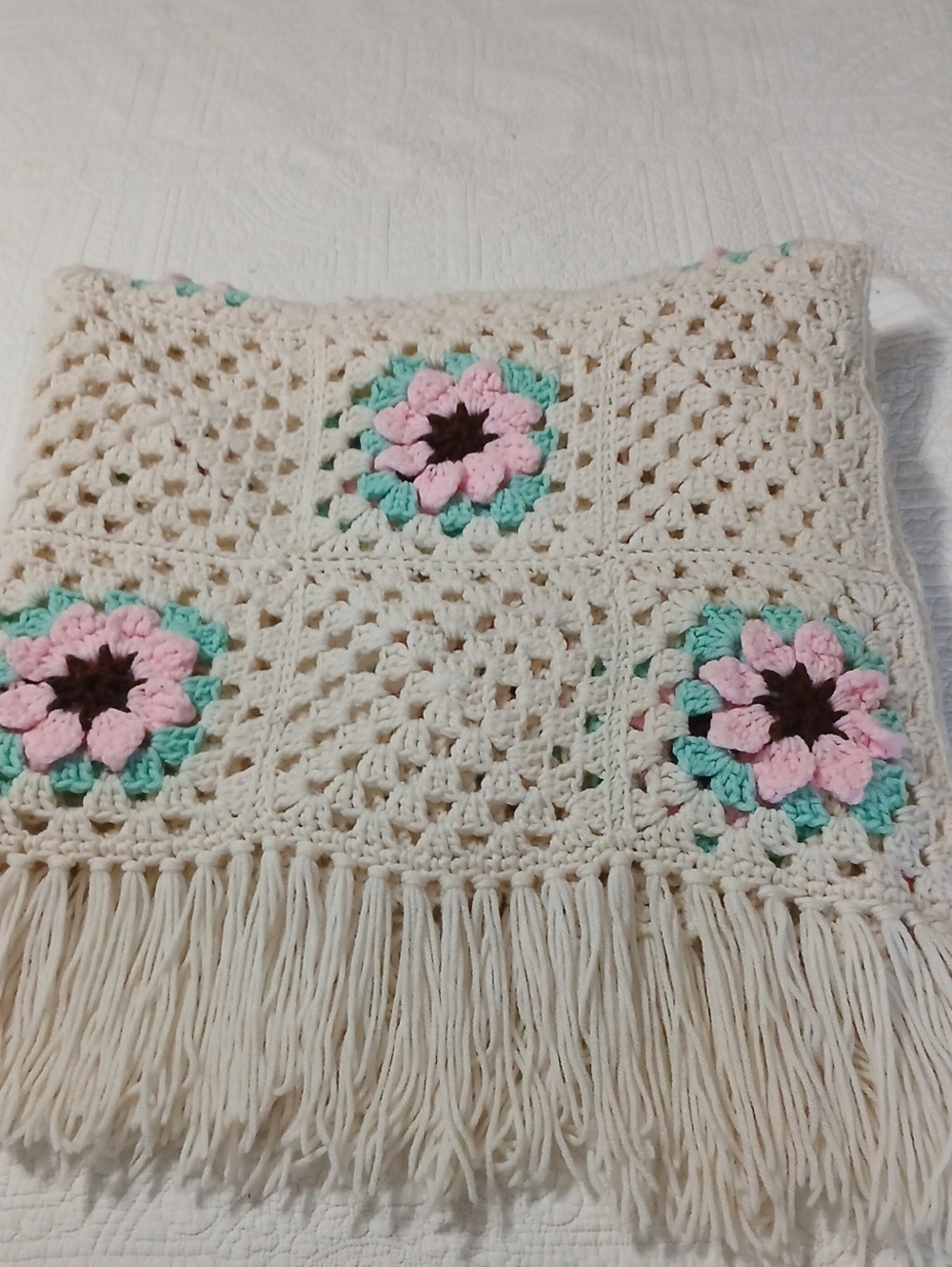 Handmade Cream Crochet Fringe Throw with Pink & Mint Floral Accents